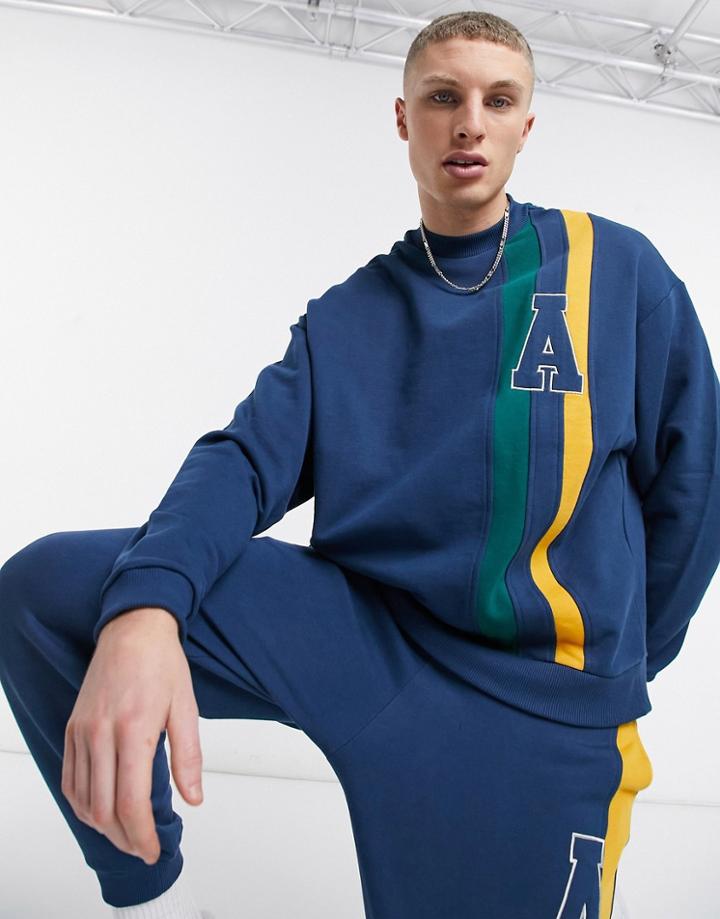 Asos Actual Oversized Sweatshirt With Cut And Sew Stripes In Navy - Part Of A Set