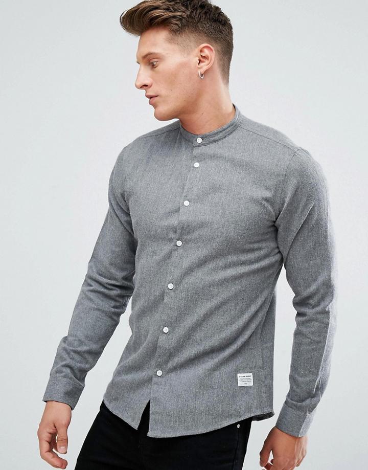 Solid Grandad Collar Shirt In Brushed Flannel - Gray