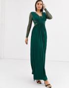 Asos Design Lace And Pleat Long Sleeve Maxi Dress-green