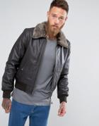 Schott Leather Flight Jacket Detachable Faux Fur Collar Slim Fit In Brown - Brown