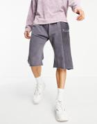 Asos Design Set Oversized Longer Length Shorts With Reverse Print Panel & Raw Edge-grey