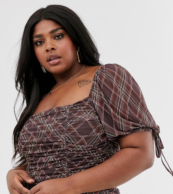 Skylar Rose Plus Ruched Mini Dress In Diagonal Check