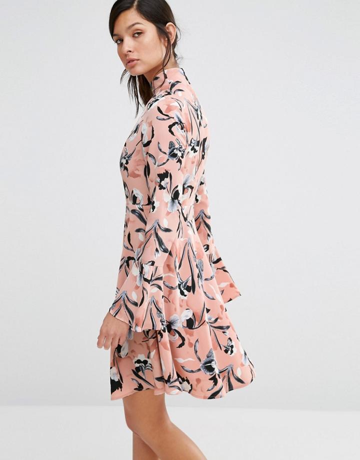 Neon Rose High Neck Dress With Flare Sleeves In Iris Print - Multi