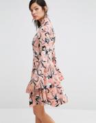 Neon Rose High Neck Dress With Flare Sleeves In Iris Print - Multi