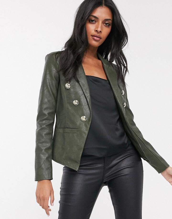 River Island Faux Leather Military Blazer In Khaki-green
