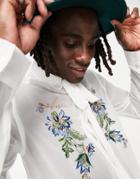 Asos Design Satin Shirt With Chest Embroidery And Tie Neck In White