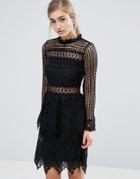 Miss Selfridge Mixed Lace Long Sleeve Dress - Black