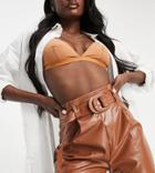 Naanaa Tall Belted Leather Look Shorts In Tan-brown