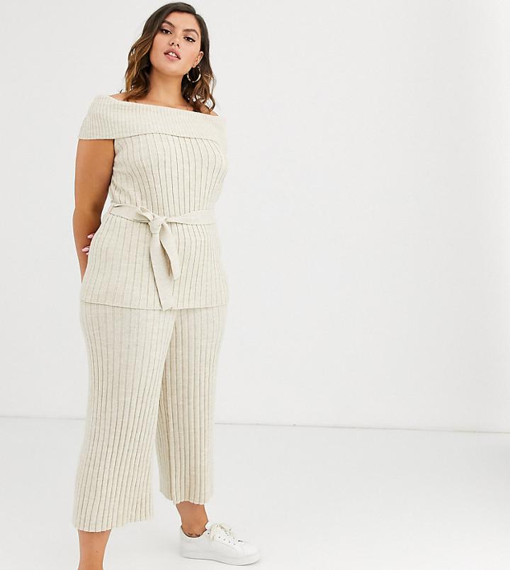 Asos Design Curve Two-piece Knitted Wide Leg Pants - Stone