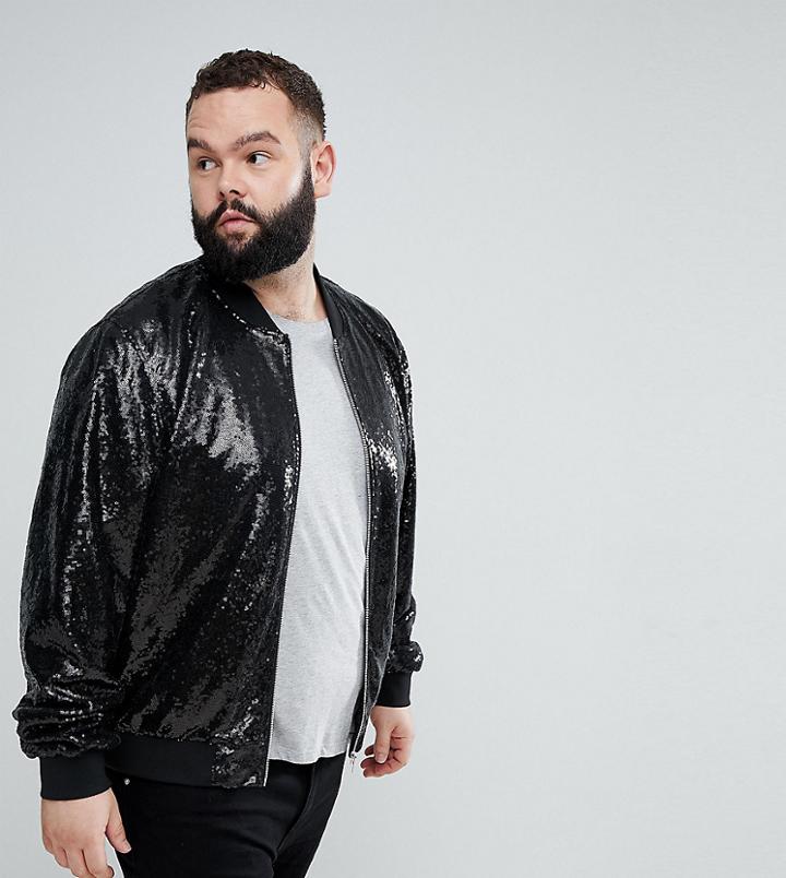 Asos Plus Bomber Jacket In Sequins In Black - Black