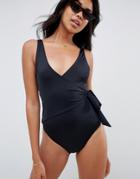 Asos Design Wrap Front Swimsuit In Black - Black