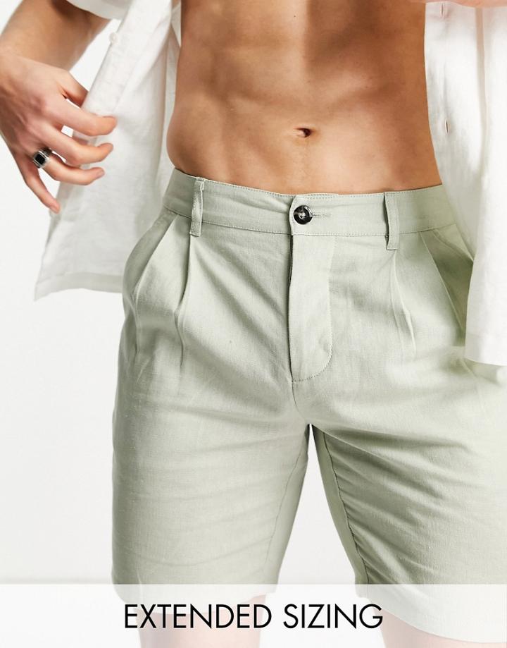 Asos Design Linen Cigarette Shorts In Light Khaki-green