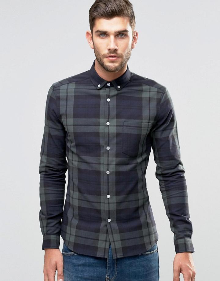 Asos Skinny Blackwatch Check Shirt In Green - Green