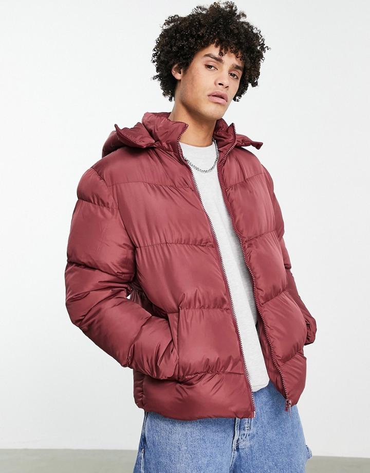 Asos Design Puffer Jacket With Detachable Hood In Burgundy - Burgundy-red