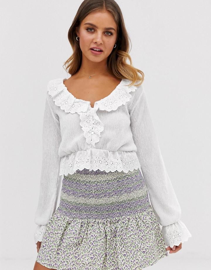 Asos Design Top In Crinkle With Ruffle Broiderie Trim-white