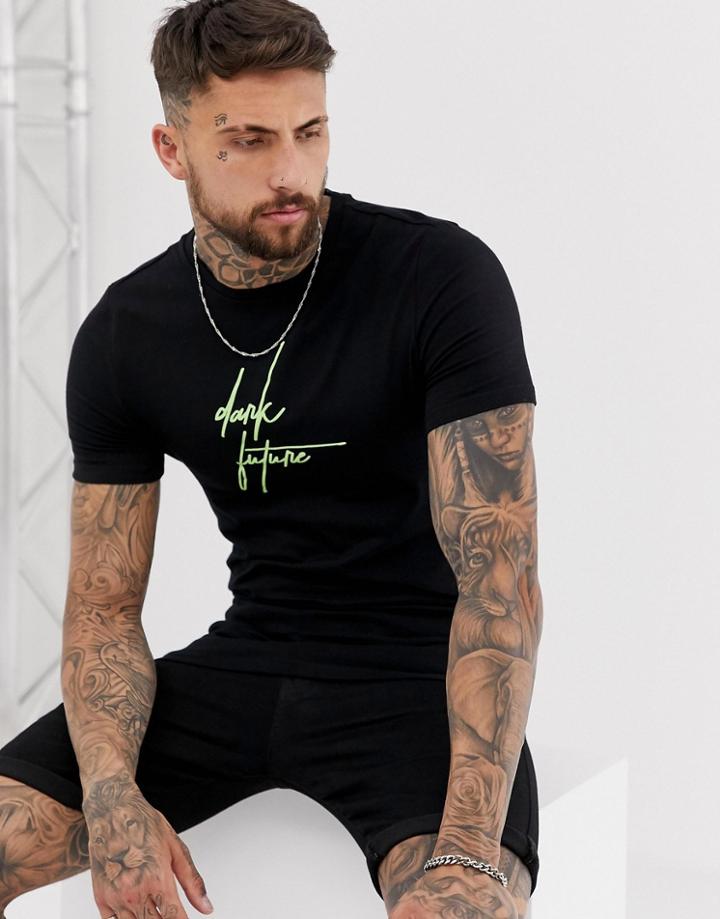 Asos Design Muscle T-shirt With Neon Dark Future Logo - Black