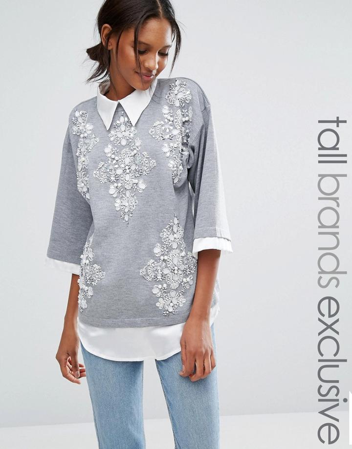 Starry Eyed Tall Woven Shirt With Embellished Sweater Overlay - Gray