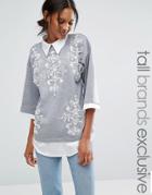 Starry Eyed Tall Woven Shirt With Embellished Sweater Overlay - Gray