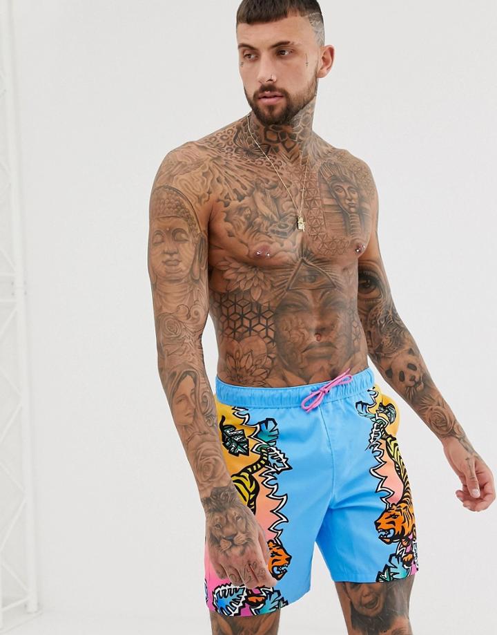 Asos Design Swim Shorts With Tiger Placement Print In Mid Length - Multi