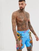 Asos Design Swim Shorts With Tiger Placement Print In Mid Length - Multi