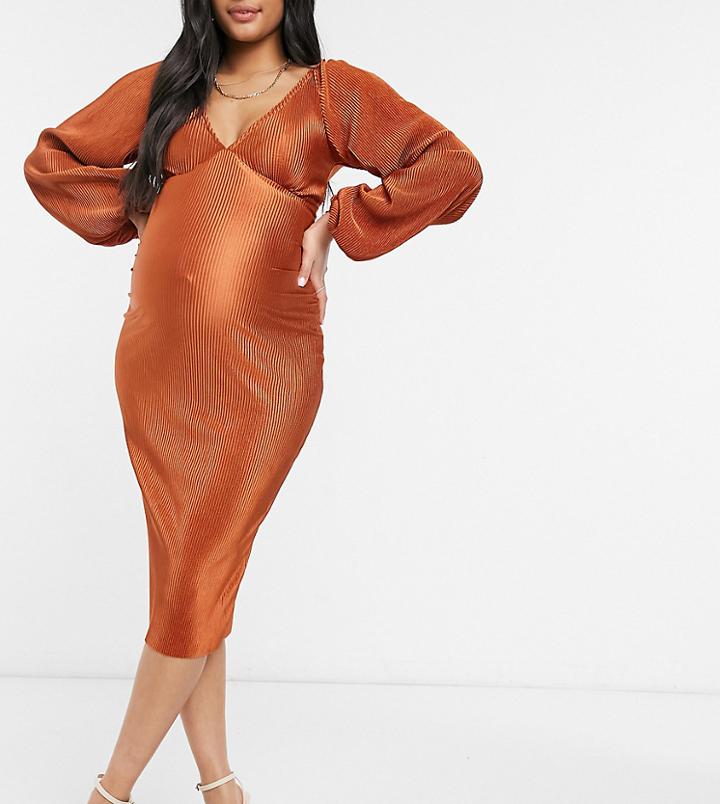 Asos Design Maternity Plisse Balloon Sleeve Midi Dress In Rust-brown