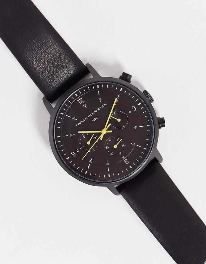 French Connection Chronograph Watch With Leather Strap In Black
