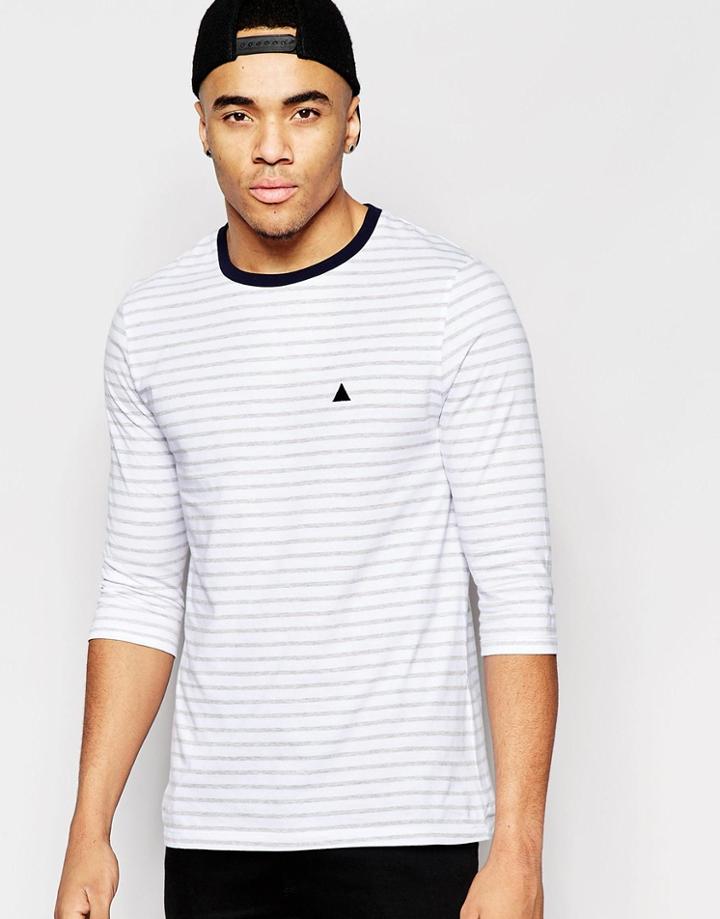 Asos Stripe 3/4 Sleeve T-shirt With Contrast Neck And Logo - Gray