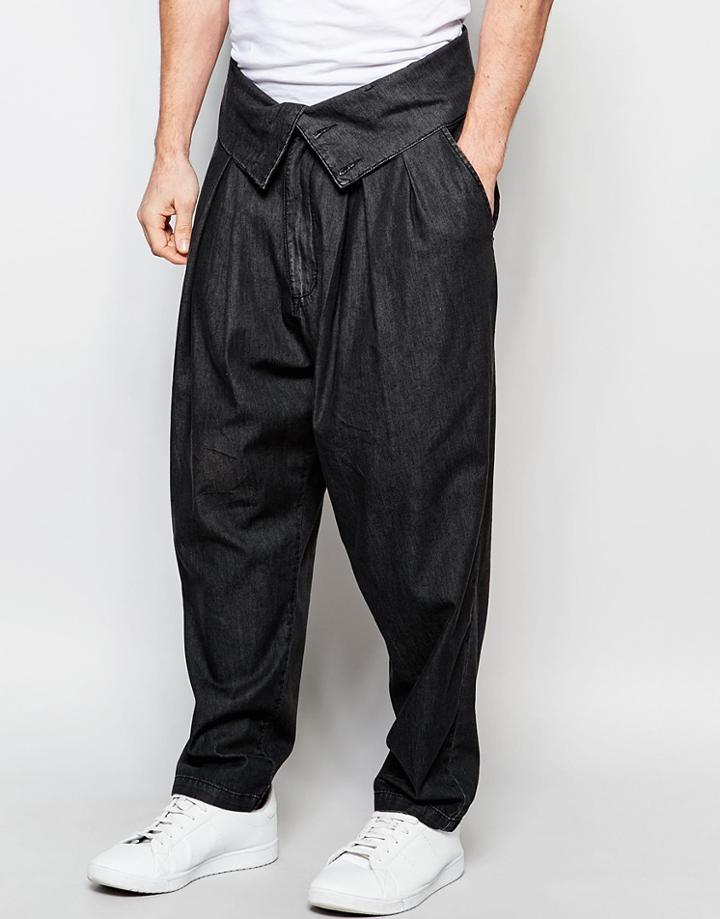 Asos Wide Leg Jeans With Fold Over Waistband - Washed Black