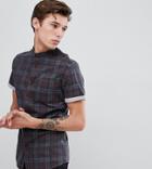 Asos Design Tall Skinny Denim Check Shirt In Gray With Grandad Collar - Gray