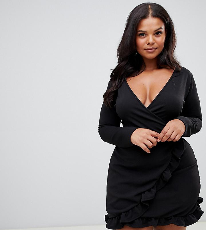 Prettylittlething Plus Belted Frill Hem Mini Dress In Black - Black