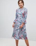 Asos Fluted Sleeve Midi Dress In Pretty Floral - Multi