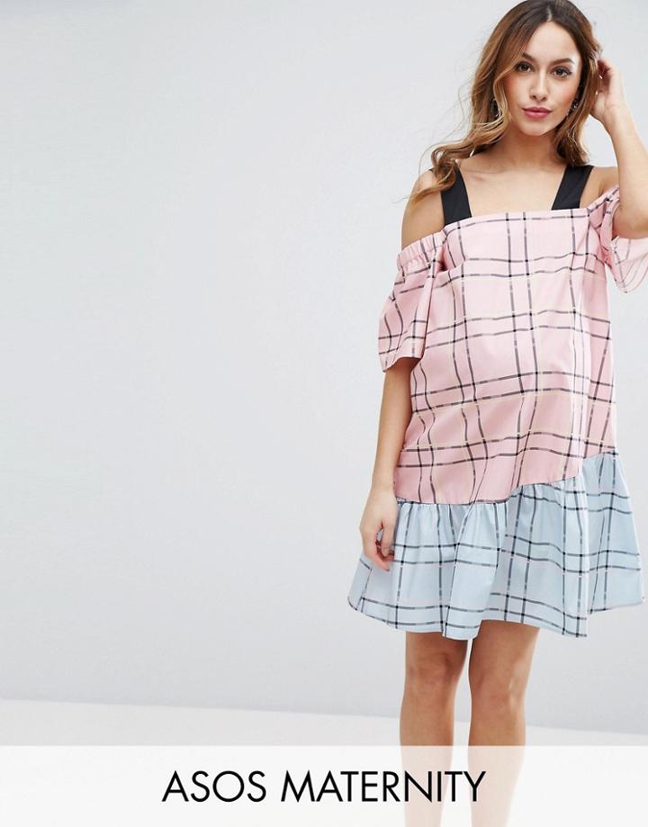 Asos Maternity Check Mix And Match Cold Shoulder Cotton Dress - Multi