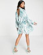 Asos Design Soft Plunge Mini Shirt Dress With Corset Detail And Drape Back In Green Floral Tile Print-multi