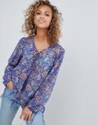 Qed London Printed Top With Jaggered Hem - Blue