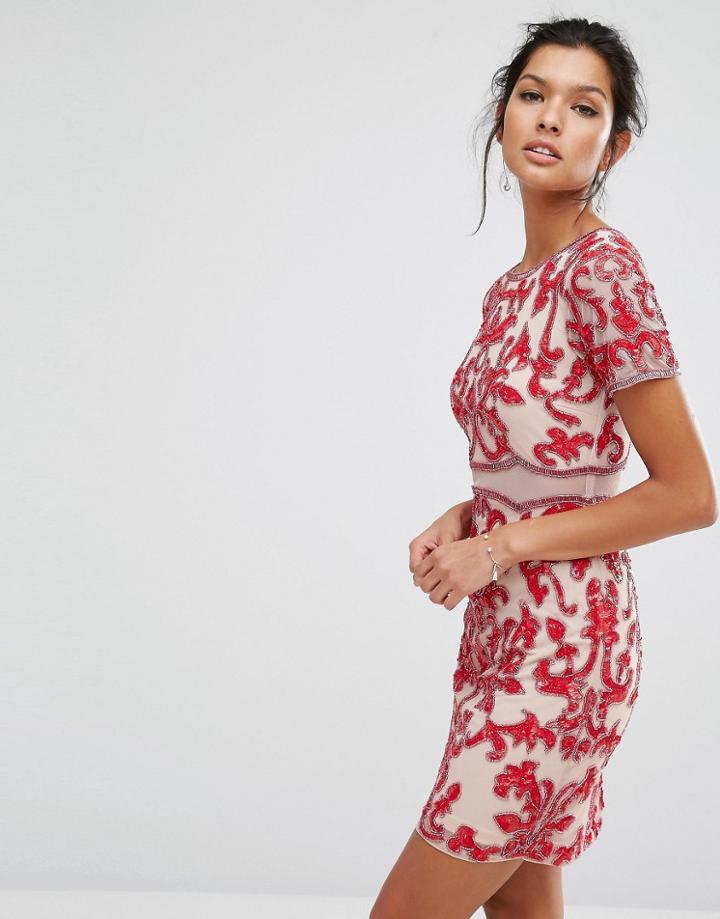 Frock And Frill Embellished Dress With Cap Sleeve - Red