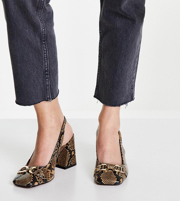 Asos Design Wide Fit Stable Snaffle Detail Slingback Heeled Shoes In Natural Snake-multi