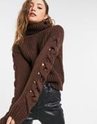 Topshop Cable Knit Lattice Sleeve Sweater In Brown