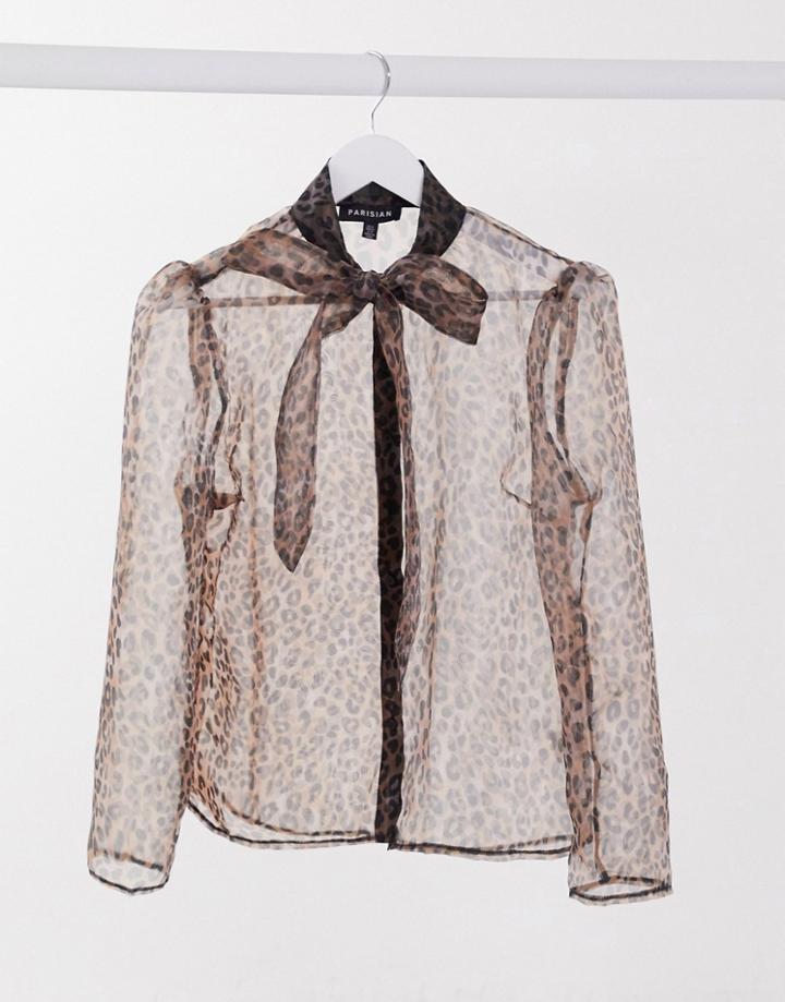 Parisian Organza Blouse With Bow Front In Leopard Print-multi