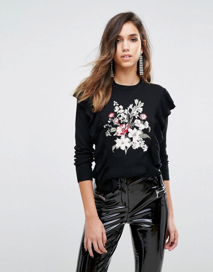 Miss Selfridge Embroidered Frill Detail Sweater - Red