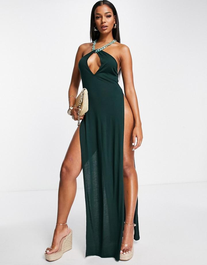 Asos Design Neck Chain Detail Maxi Beach Dress With High Slits In Green
