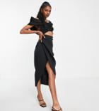 Asos Design Tall 2 Piece Off-the-shoulder Pencil Wrap Tuck Midi Dress In Black