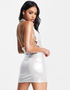 Fashionkilla Halterneck Glitter Dress With Lace Up Sides In Silver