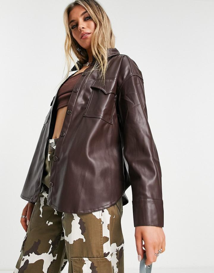 Bershka Faux Leather Oversized Shirt In Brown