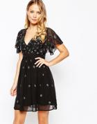 Frock And Frill Wrap Front Embellished Skater Dress With Fluted Sleeve - Black