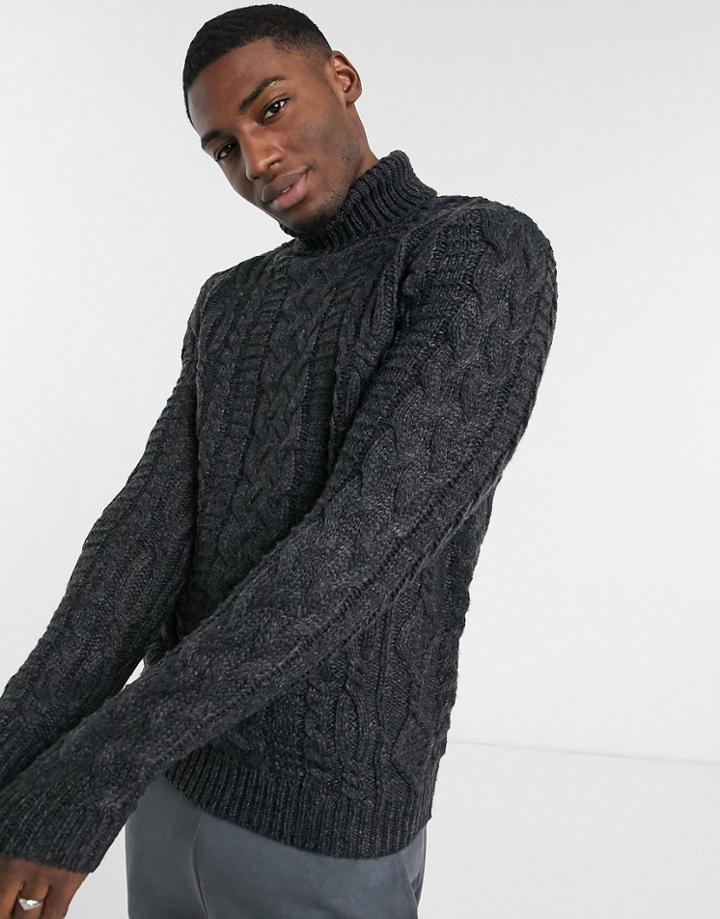 Asos Design Heavyweight Cable Knit Roll Neck Sweater In Charcoal-grey