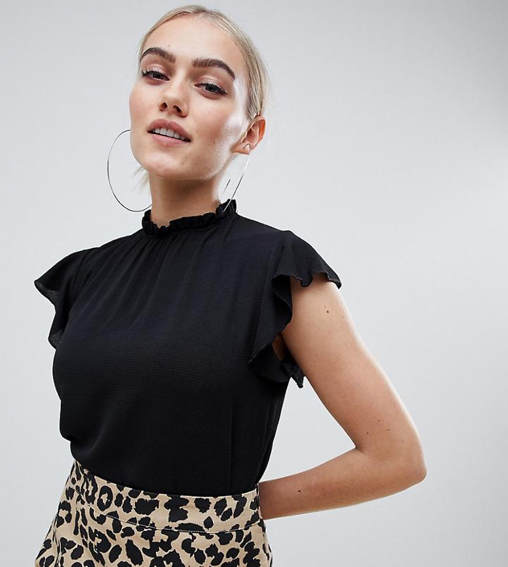 Boohoo Petite High Neck Frill Sleeve Blouse In Black - Black