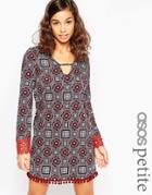 Asos Petite Tunic Dress In Winter Paisley With Flare Lace Sleeve & Pom Pom Trim - Multi