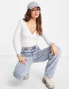 Asos Design Long Sleeve Wrap Top In White