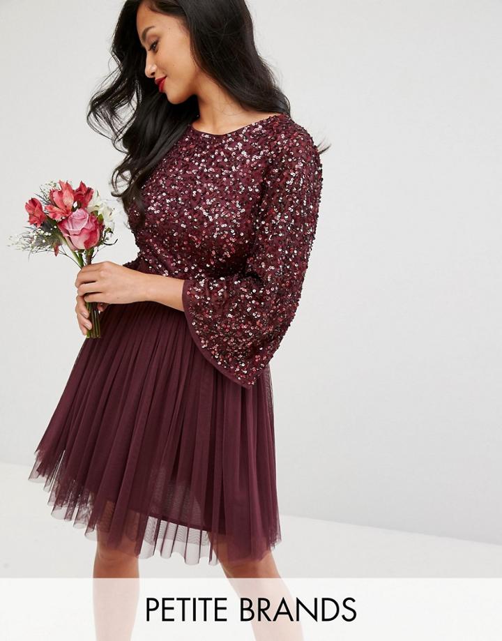 Maya Petite Bell Sleeve Mini Dress In Tonal Delicate Sequin With Tulle Skirt And Kimono Sleeve - Red