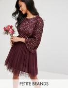 Maya Petite Bell Sleeve Mini Dress In Tonal Delicate Sequin With Tulle Skirt And Kimono Sleeve - Red